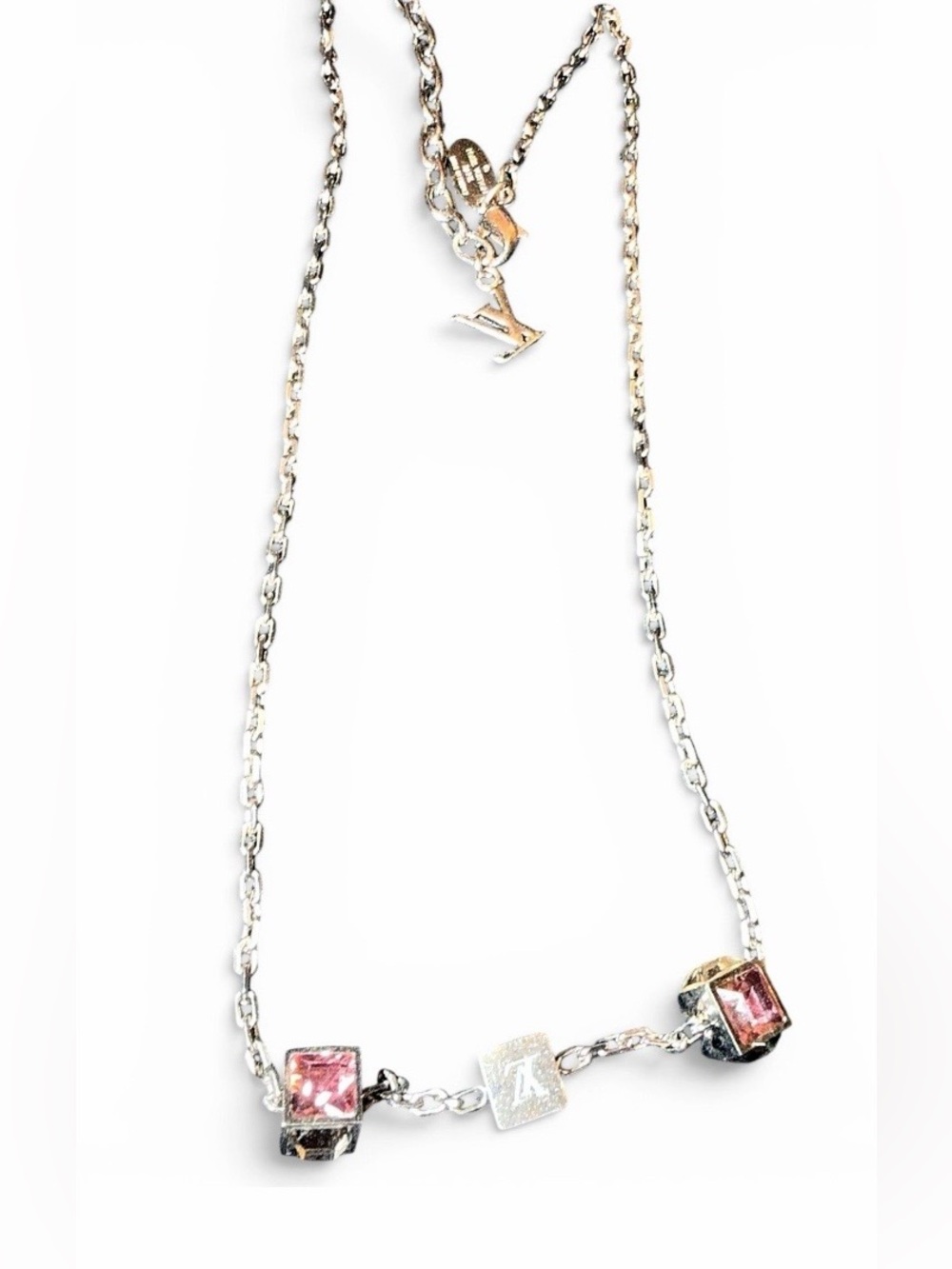 Louis Vuitton Silver Tone Chain Necklace with Pink Crystal Cube Charms